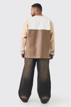 Plus Oversized PU Raglan Embroidered Varsity Shirt | BoohooMAN UK