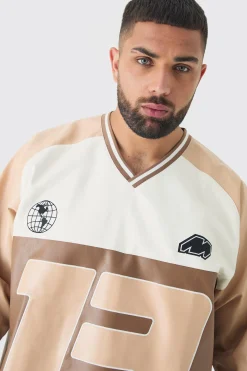 Plus Oversized PU Raglan Embroidered Varsity Shirt | BoohooMAN UK