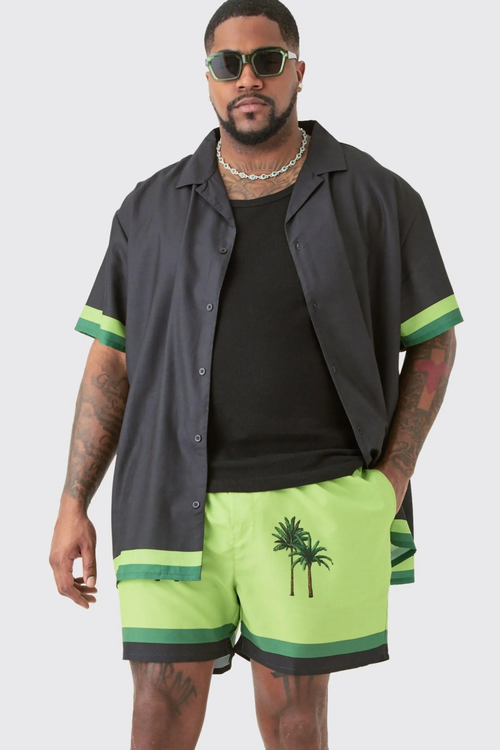Plus Oversized Resort Print Shirt & Swim Short Set In Black | BoohooMAN UK