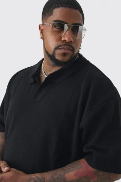 Plus Oversized Revere Crochet Polo | BoohooMAN UK