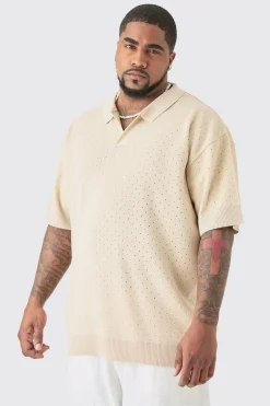 Plus Oversized Revere Crochet Polo | BoohooMAN UK