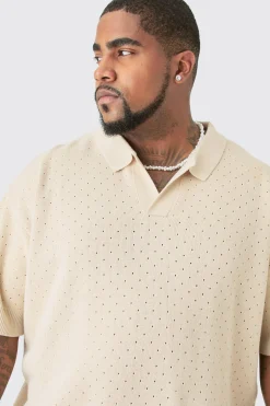Plus Oversized Revere Crochet Polo | BoohooMAN UK