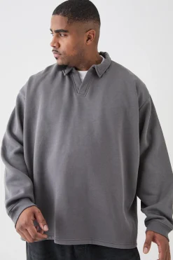 Plus Oversized Revere Rugby Sweatshirt Polo | BoohooMAN UK