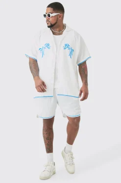 Plus Oversized Seersucker Palm Embroidered Shirt & Short Set | BoohooMAN UK