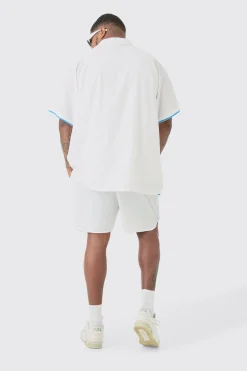 Plus Oversized Seersucker Palm Embroidered Shirt & Short Set | BoohooMAN UK
