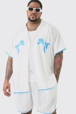 Plus Oversized Seersucker Palm Embroidered Shirt & Short Set | BoohooMAN UK