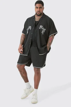 Plus Oversized Seersucker Palm Embroidered Shirt & Short Set | BoohooMAN UK