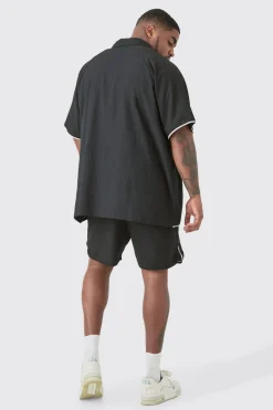 Plus Oversized Seersucker Palm Embroidered Shirt & Short Set | BoohooMAN UK