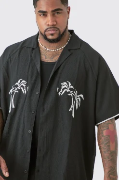 Plus Oversized Seersucker Palm Embroidered Shirt & Short Set | BoohooMAN UK