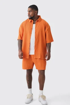 Plus Oversized Short Sleeve Pleated Shirt & Short Set In Orange | BoohooMAN UK