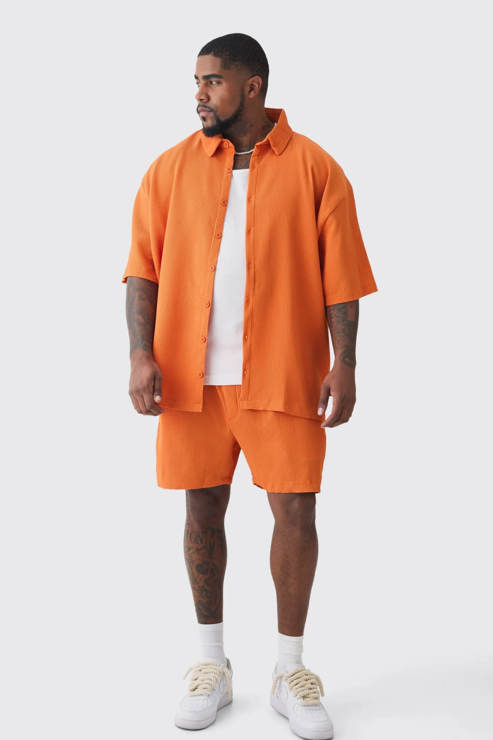 Plus Oversized Short Sleeve Pleated Shirt & Short Set In Orange | BoohooMAN UK