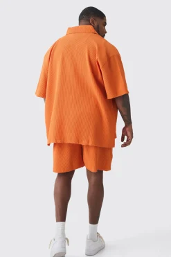 Plus Oversized Short Sleeve Pleated Shirt & Short Set In Orange | BoohooMAN UK