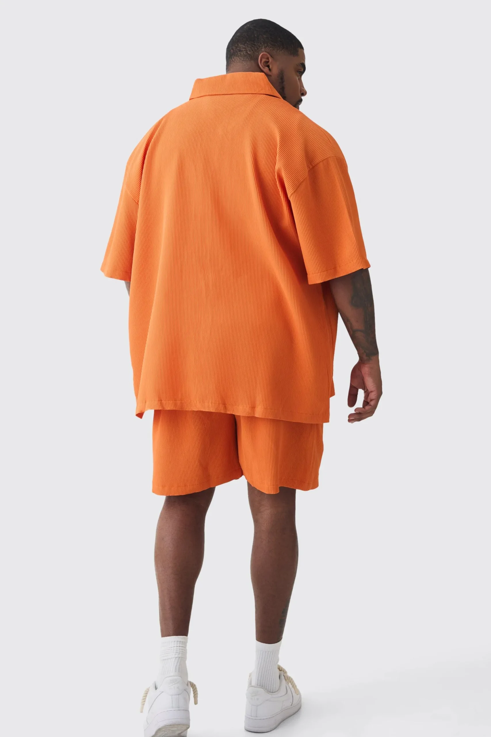 Plus Oversized Short Sleeve Pleated Shirt & Short Set In Orange | BoohooMAN UK