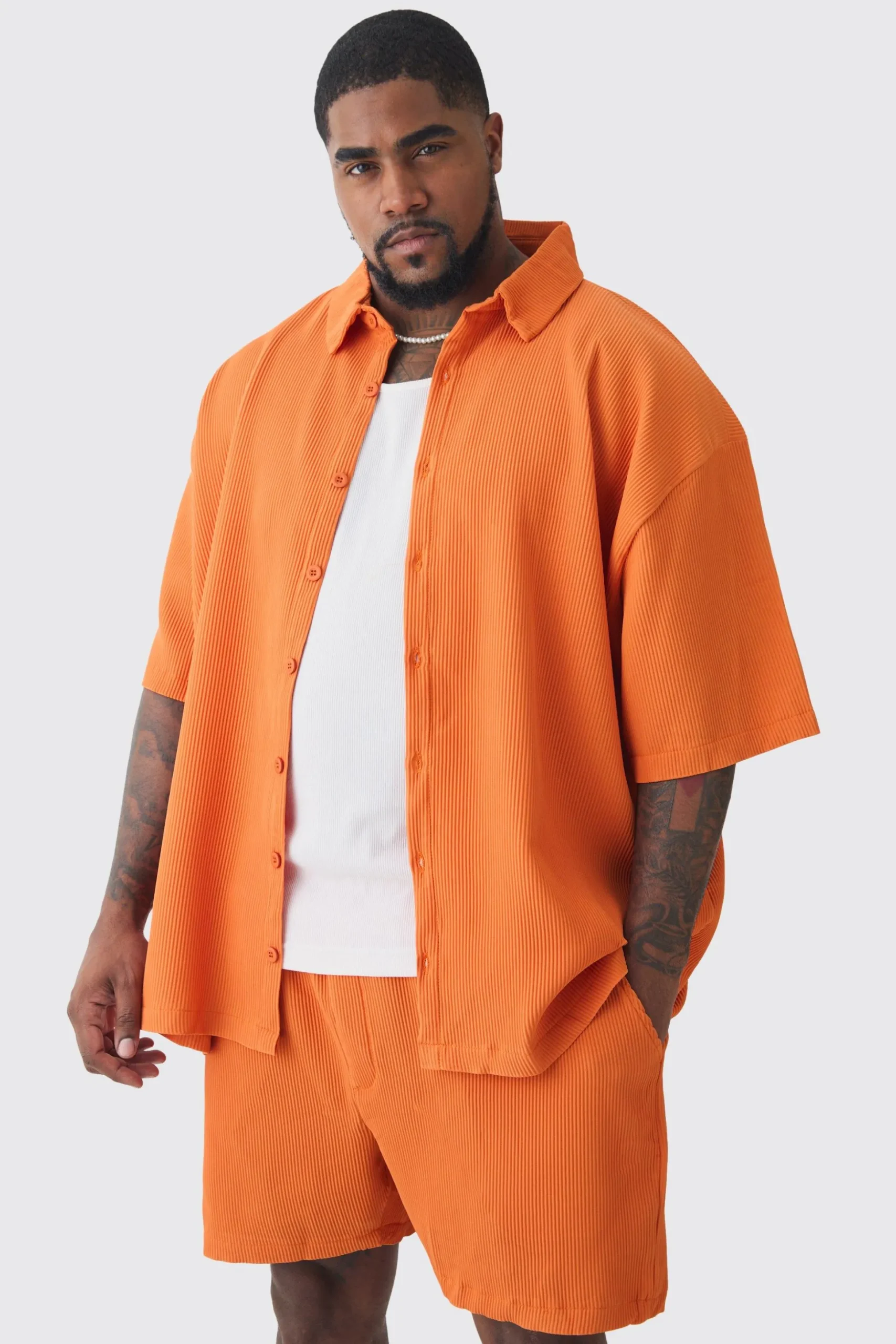 Plus Oversized Short Sleeve Pleated Shirt & Short Set In Orange | BoohooMAN UK
