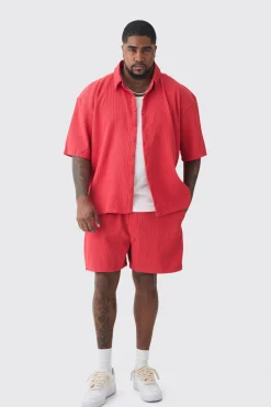 Plus Oversized Short Sleeve Pleated Shirt & Short Set In Red | BoohooMAN UK