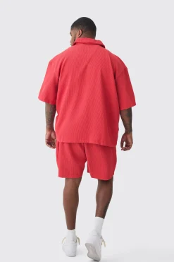 Plus Oversized Short Sleeve Pleated Shirt & Short Set In Red | BoohooMAN UK