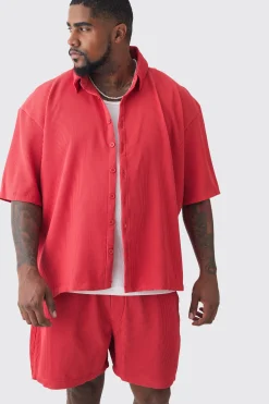 Plus Oversized Short Sleeve Pleated Shirt & Short Set In Red | BoohooMAN UK