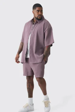 Plus Oversized Short Sleeve Pleated Shirt & Short Set In Mauve | BoohooMAN UK