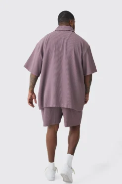 Plus Oversized Short Sleeve Pleated Shirt & Short Set In Mauve | BoohooMAN UK