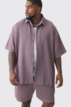 Plus Oversized Short Sleeve Pleated Shirt & Short Set In Mauve | BoohooMAN UK