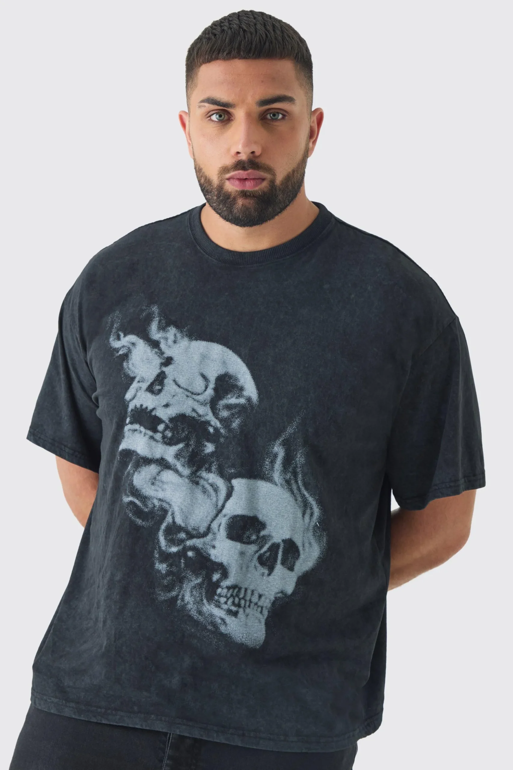 Plus Oversized Skull Acid Wash T-Shirt | BoohooMAN UK