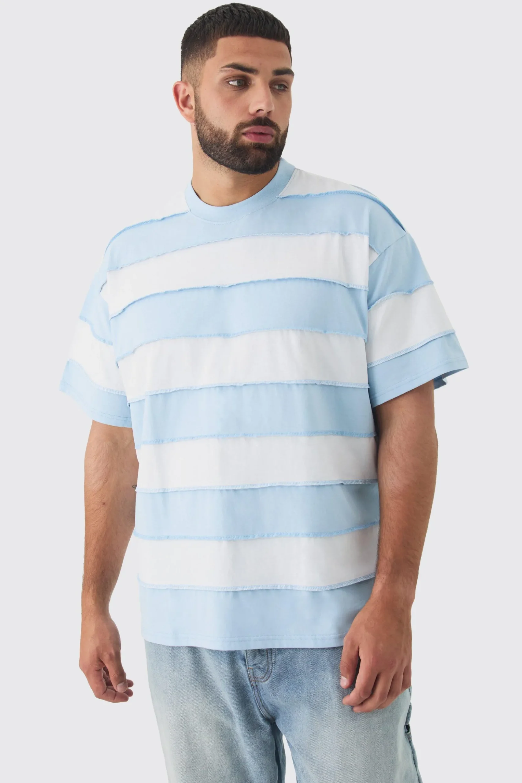 Plus Oversized Stripe Raw Seam T-shirt | BoohooMAN UK