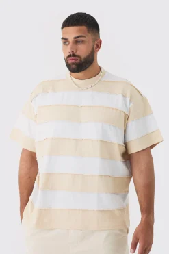 Plus Oversized Stripe Raw Seam T-shirt | BoohooMAN UK