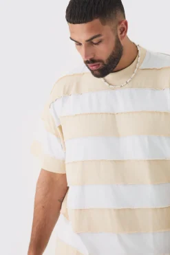 Plus Oversized Stripe Raw Seam T-shirt | BoohooMAN UK