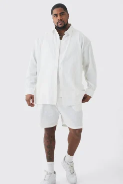 Plus Oversized Stripe Seersucker Shirt & Short Set In White | BoohooMAN UK