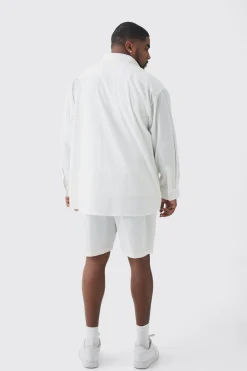 Plus Oversized Stripe Seersucker Shirt & Short Set In White | BoohooMAN UK