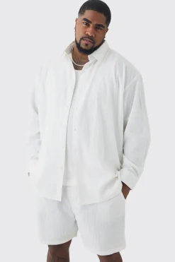 Plus Oversized Stripe Seersucker Shirt & Short Set In White | BoohooMAN UK