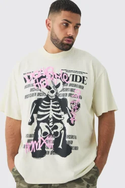Plus Oversized Teddy Skeleton Graphic Puff Print T-Shirt | BoohooMAN UK