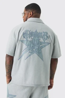 Plus Oversized Textured Star Embroidered Shirt | BoohooMAN UK