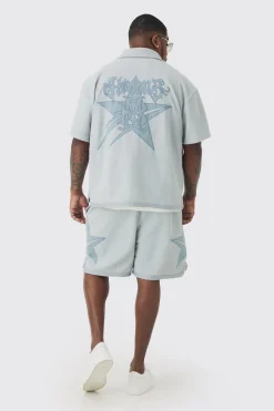 Plus Oversized Textured Star Embroidered Shirt | BoohooMAN UK