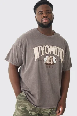 Plus Oversized Washed Wyoming Print T-shirt | BoohooMAN UK