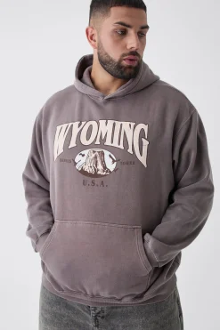 Plus Oversized Washed Wyoming Print Hoodie | BoohooMAN UK
