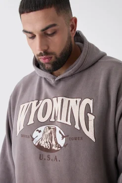 Plus Oversized Washed Wyoming Print Hoodie | BoohooMAN UK