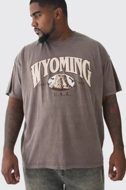 Plus Oversized Washed Wyoming Print T-shirt | BoohooMAN UK