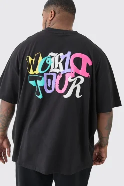 Plus Oversized World Tour Puff Back Print T-shirt In Black | BoohooMAN UK