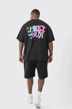 Plus Oversized World Tour Puff Back Print T-shirt In Black | BoohooMAN UK