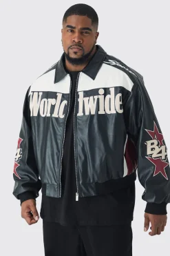 Plus Oversized Worldwide Collared Pu Bomber Jacket In Black | BoohooMAN UK