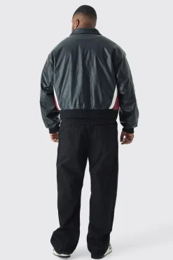 Plus Oversized Worldwide Collared Pu Bomber Jacket In Black | BoohooMAN UK