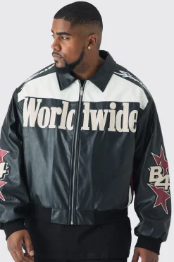Plus Oversized Worldwide Collared Pu Bomber Jacket In Black | BoohooMAN UK