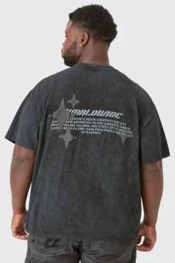 Plus Oversized Worldwide Back Print Star Puff In Acid Wash Grey | BoohooMAN UK