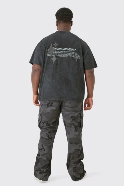 Plus Oversized Worldwide Back Print Star Puff In Acid Wash Grey | BoohooMAN UK