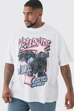 Plus Oversized Worldwide Eagle Print T-shirt In White | BoohooMAN UK