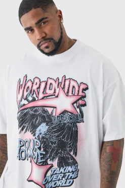 Plus Oversized Worldwide Eagle Print T-shirt In White | BoohooMAN UK