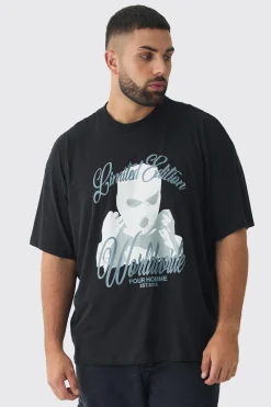 Plus Oversized Worldwide Balaclava Print T-Shirt | BoohooMAN UK