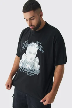 Plus Oversized Worldwide Balaclava Print T-Shirt | BoohooMAN UK