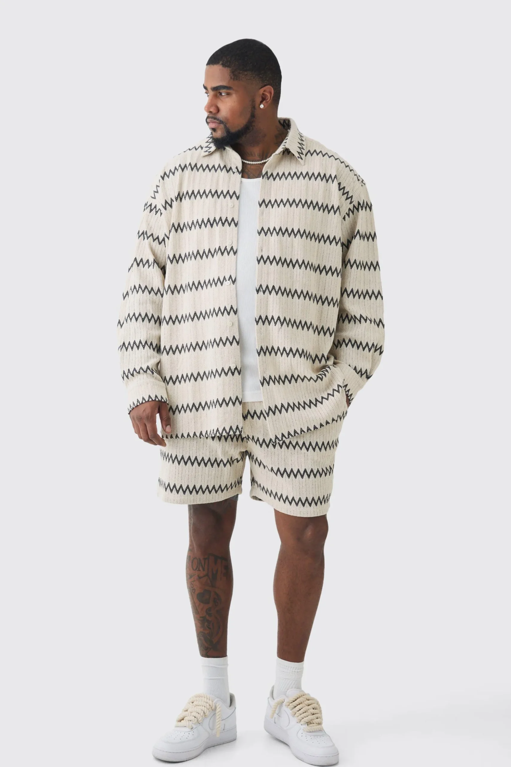 Plus Oversized Zig Zag Woven Shirt And Short Set In Ecru | BoohooMAN UK